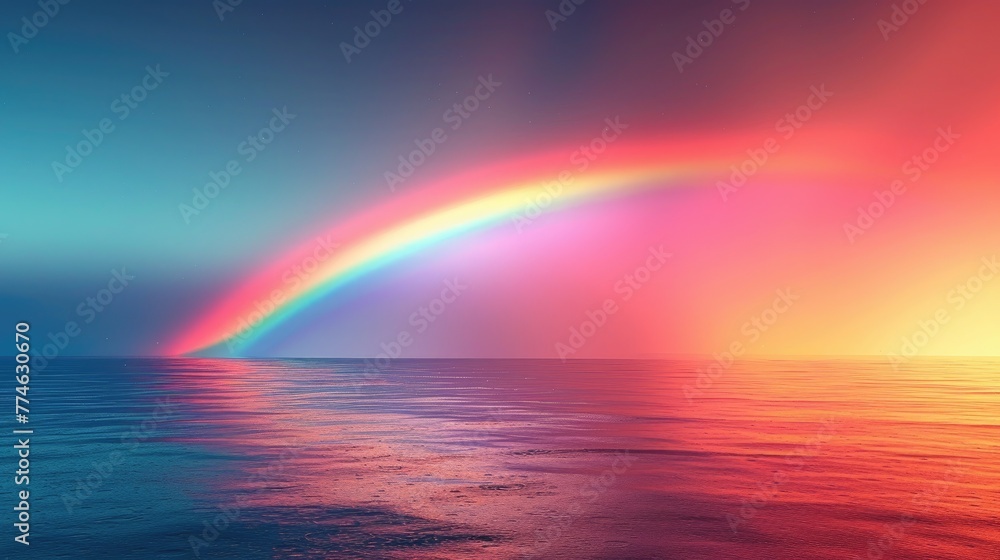 Vivid ocean rainbow under a red and blue sky