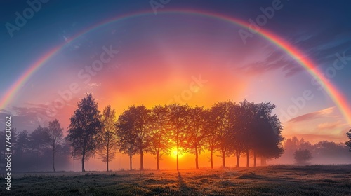 Stunning natural rainbow over trees at sunset