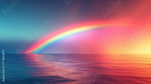 Vivid ocean rainbow under a red and blue sky