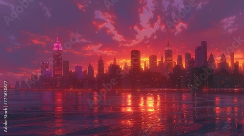     A cityscape at sunset  with tall skyscrapers and glowing windows  creating a dynamic backdrop for a comic scene.