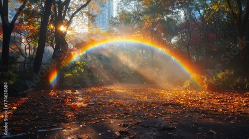 Fall park scene with sunlight spectrum through mist