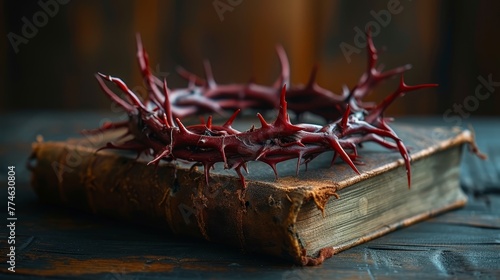  A crown of thorns atop a book on a wooden table, before a wooden wall