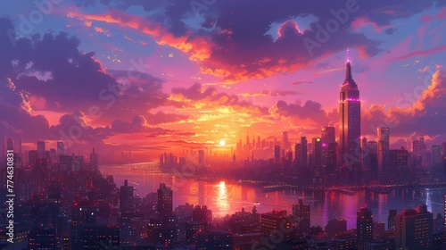     A cityscape at sunset  with tall skyscrapers and glowing windows  creating a dynamic backdrop for a comic scene.