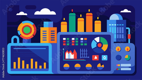 A closeup of a vibrant dashboard with an array of charts and graphs depicting various performance indicators in a manufacturing plant