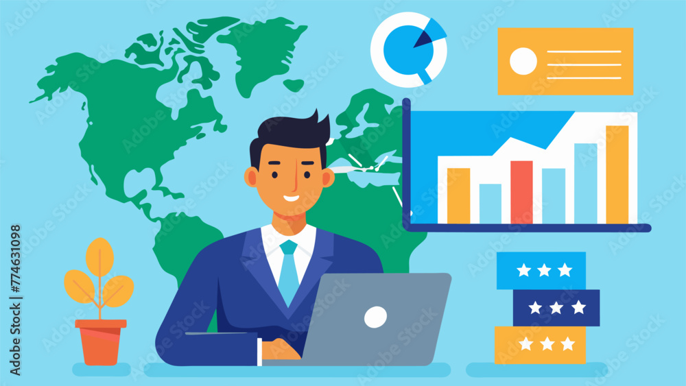 An image of a business exeive reviewing charts and graphs on a laptop with a map of the United States in the background depicting the financial An image of a business exeive reviewing charts and graphs on a laptop with a map of the United States in the background depicting the financial