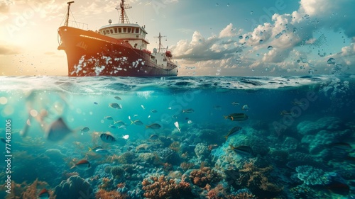 Ship noise pollution affects aquatic animals in the sea.world ocean day world environment day Virtual image. photo