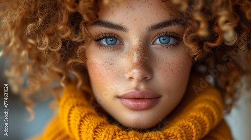  A tight shot of a woman's freckled face, adorned with a scarf around her neck