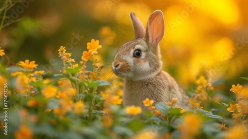  A tight shot of a rabbit amidst a floral field, as sun rays filter through the tree canopy behind