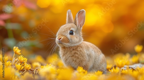   A small rabbit in the heart of a vibrant yellow flower field, surrounded by a hazy backdrop of red and yellow blooms © Mikus
