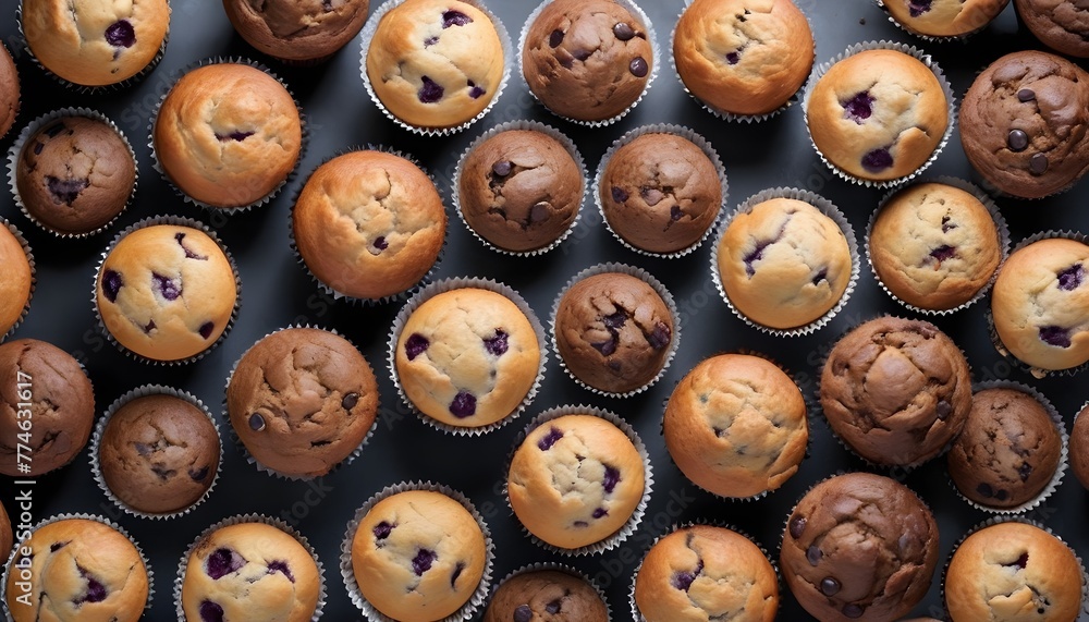 View from above of a variety of different tastes muffins, vhocolate, chips, cocoa, vanilla, nuts, isced sugar, cream ones, aerial view View from above of a variety of different tastes muffins, vhocolate, chips, cocoa, vanilla, nuts, isced sugar, cream ones, aerial view