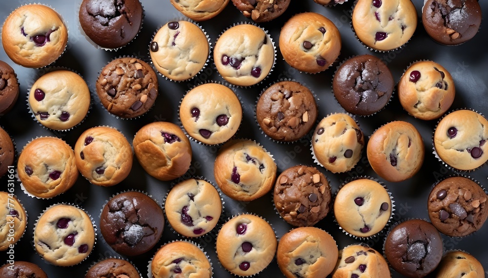 View from above of a variety of different tastes muffins, vhocolate, chips, cocoa, vanilla, nuts, isced sugar, cream ones, aerial view View from above of a variety of different tastes muffins, vhocolate, chips, cocoa, vanilla, nuts, isced sugar, cream ones, aerial view