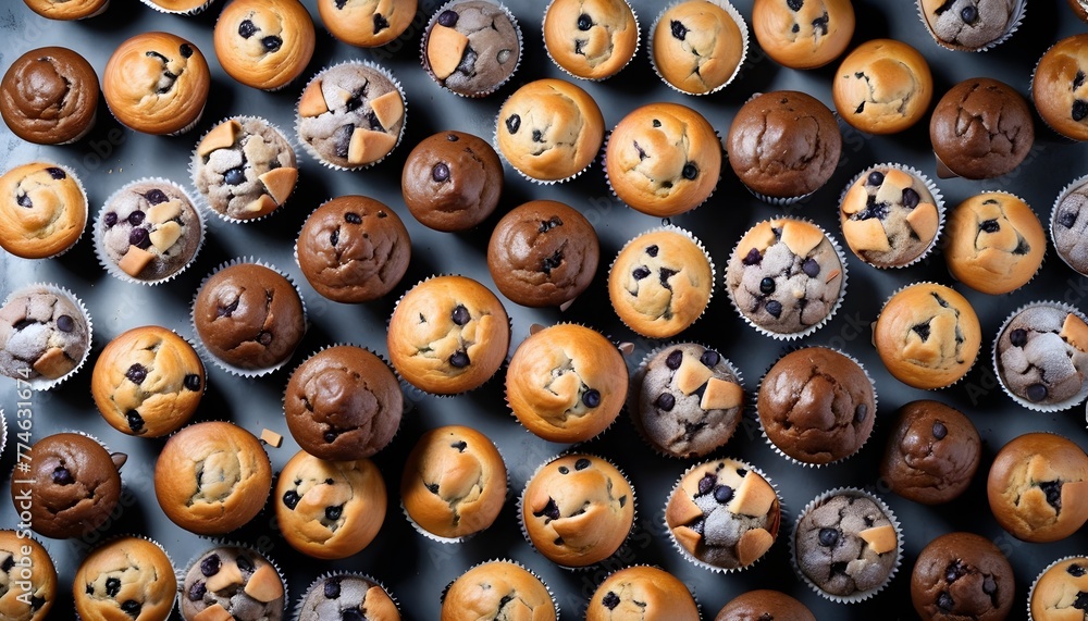 View from above of a variety of different tastes muffins, vhocolate, chips, cocoa, vanilla, nuts, isced sugar, cream ones, aerial view View from above of a variety of different tastes muffins, vhocolate, chips, cocoa, vanilla, nuts, isced sugar, cream ones, aerial view