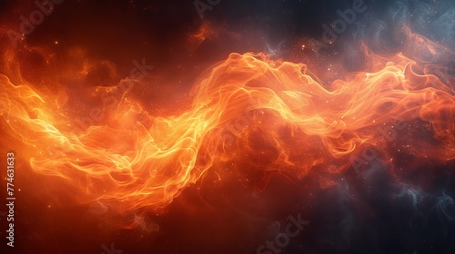  A bright orange and red fire swirls against a black backdrop Behind it, a blue sky is visible