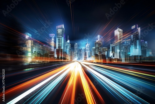 high speed motion blur on city street at night