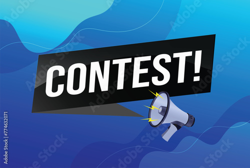 contest megaphone loud speaker design for ribbon banner poster. lettering with geometric shapes lines. advertising Vector illustration modern alert typographic blue color design template.

