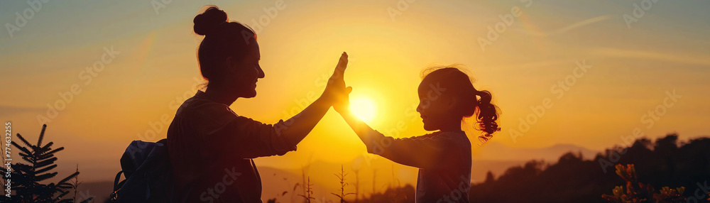Mother and child silhouette against setting sun, reaching hike summit, celebrating with victorious high-five.