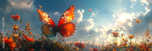 Pair of giant colorful butterflies perched,
Butterflies fly over field colorful flowers on a sunny day photo