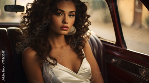 Beautiful young Latin American woman in an elegant car. © Dennis