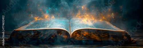 Open old book light from the sky heaven, Open book bible Christianity 