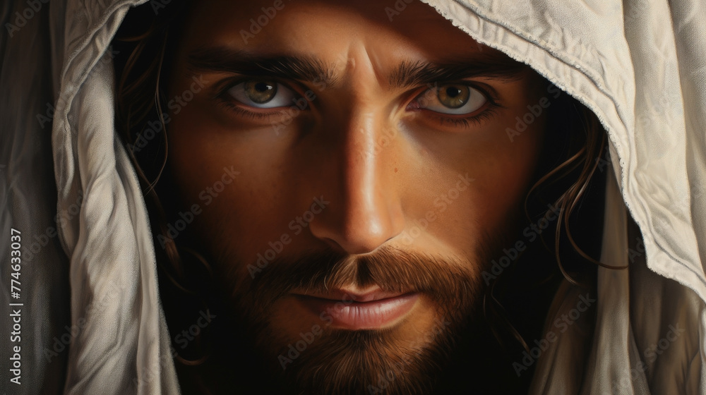 Intimate Portrait of Jesus of Nazareth with Soulful Eyes and Crown of Thorns Intimate Portrait of Jesus of Nazareth with Soulful Eyes and Crown of Thorns
