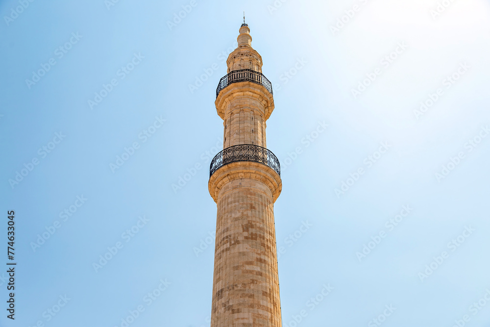 Neratze Mosque iconic Minaret at Rethymno city, Crete island, Greece. Under view of Islamic monument