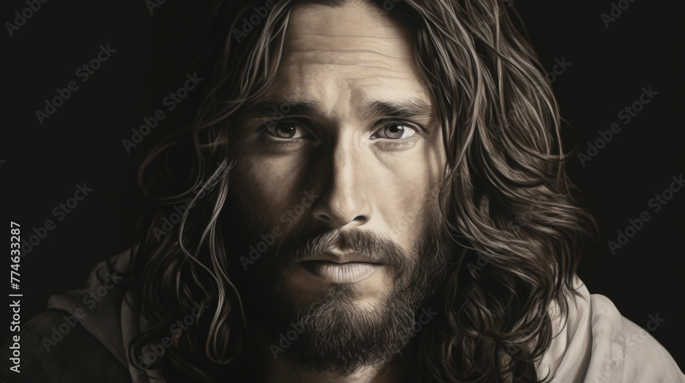 Intimate Portrait of Jesus of Nazareth with Soulful Eyes and Crown of Thorns Intimate Portrait of Jesus of Nazareth with Soulful Eyes and Crown of Thorns