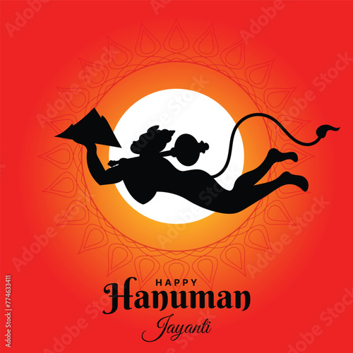 Happy Hanuman Jayanti festival, Hindu God flying Hanuman Sillhout greeting card post banner vector