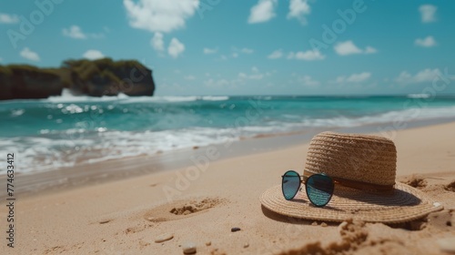 A hat and sunglasses lie on the sandy beach, creating a casual and laid-back scene