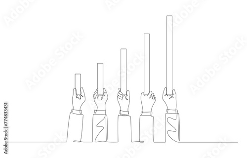 Continuous one line drawing of business people raising growth bar graph, business progress concept, single line art.