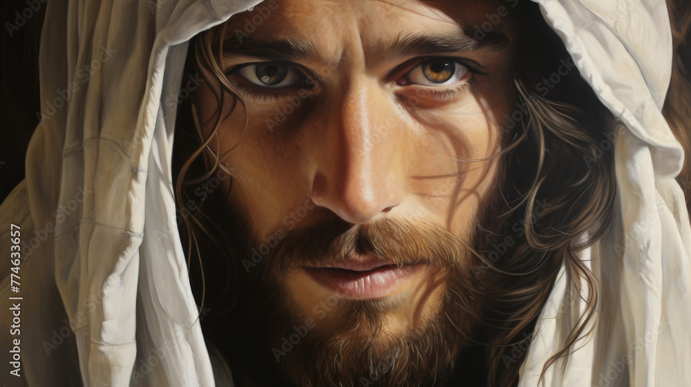 Intimate Portrait of Jesus of Nazareth with Soulful Eyes and Crown of Thorns Intimate Portrait of Jesus of Nazareth with Soulful Eyes and Crown of Thorns