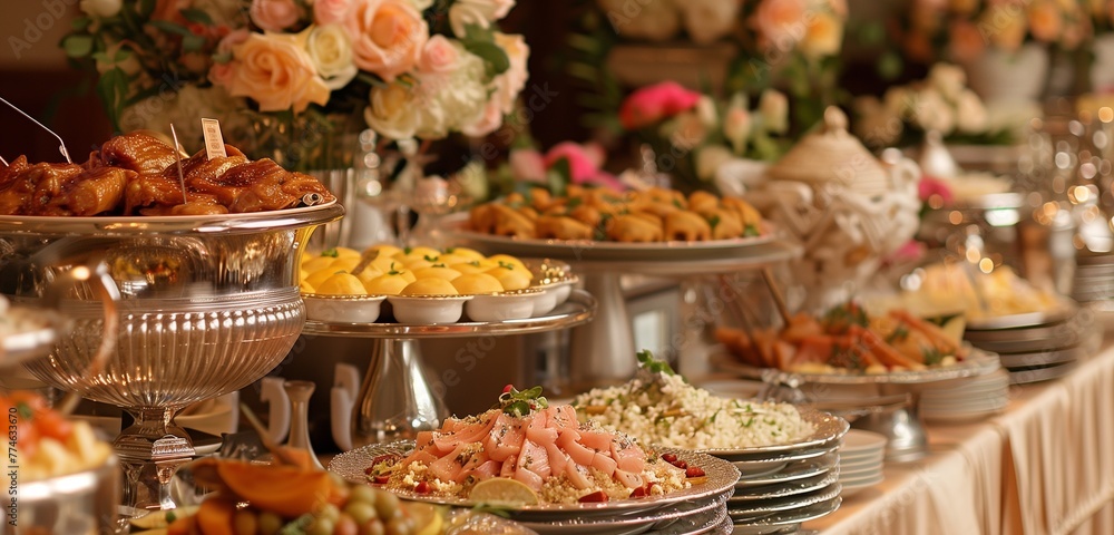 Glistening dishware and pristine table settings adorn a buffet, creating an inviting atmosphere for guests. 