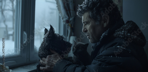 A man standing in front of a window, holding a cat and black dog