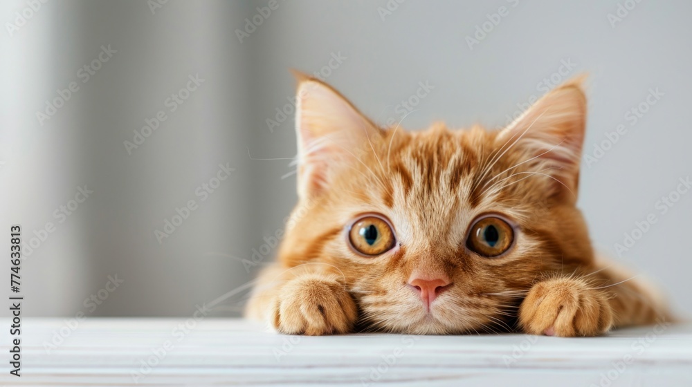 A close up of a red Shorthair kitten laying on a table. The cat appears relaxed and comfortable in its surroundings A close up of a red Shorthair kitten laying on a table. The cat appears relaxed and comfortable in its surroundings