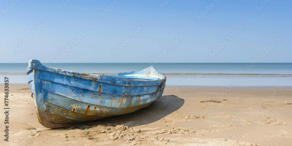A weathered blue boat rests on the sandy shores of a deserted beach