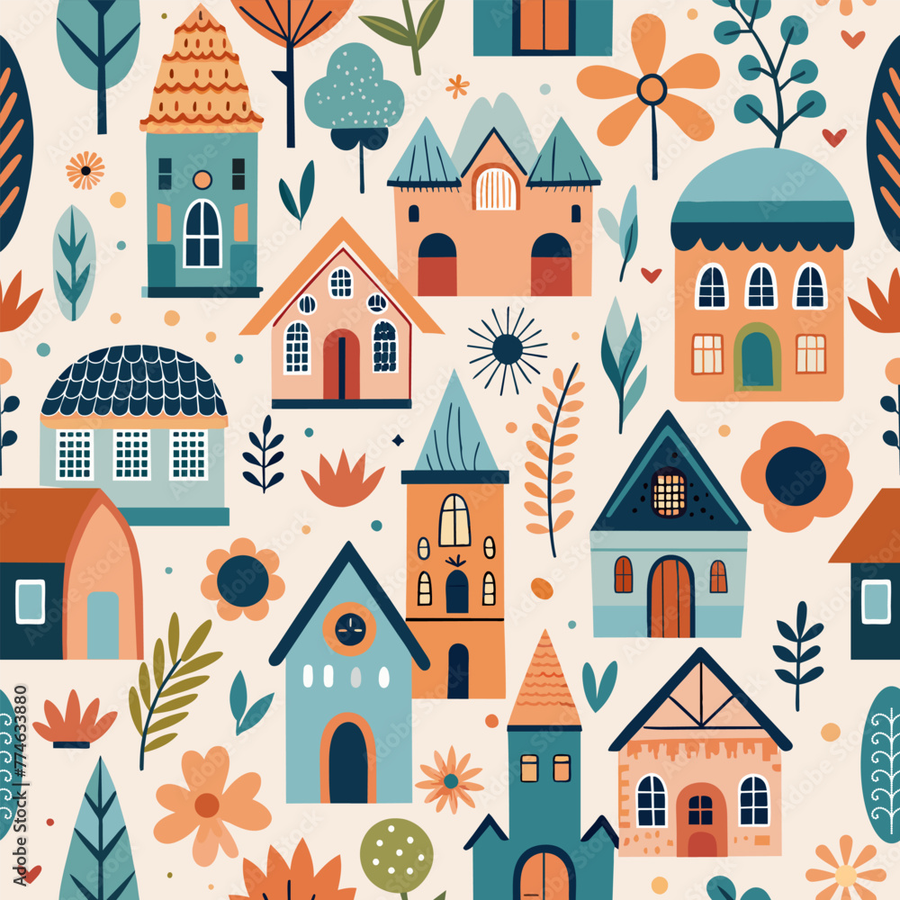 Seamless pattern cityscape with houses