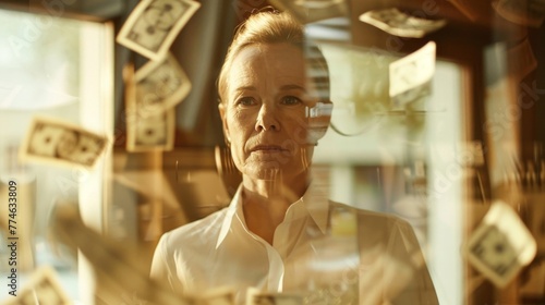 An elderly woman staring through a window at a pile of money