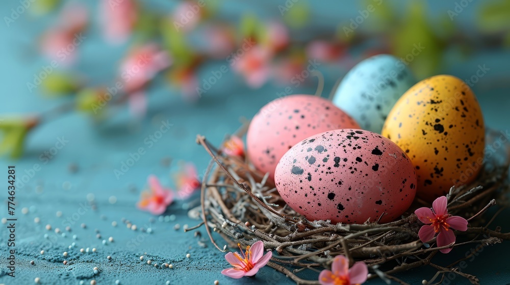   A collection of eggs in a blue-topped nest, surrounded by pink flowers