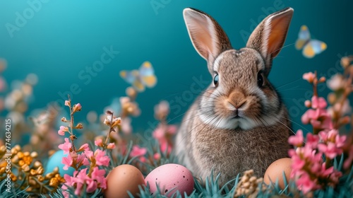   A tight shot of a rabbit in a lush grass and flower field  with eggs in the foreground and butterflies flitting in the backdrop