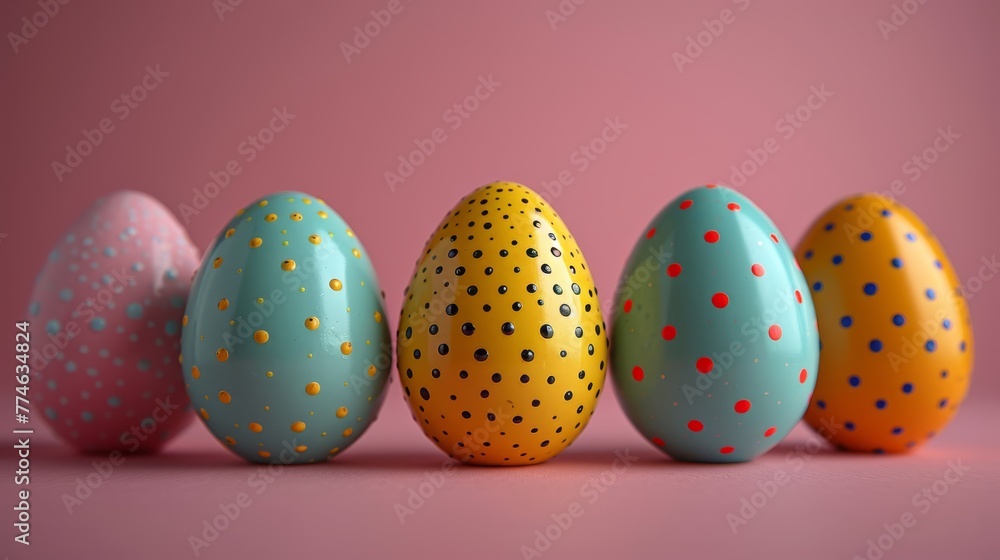   A row of painted eggs alignment on a pink table before a pink wall