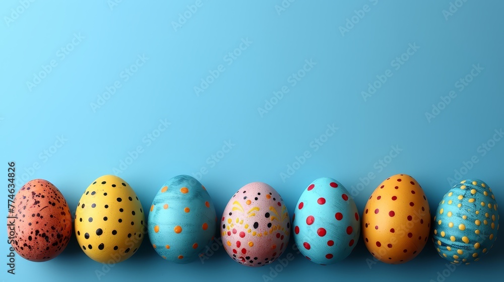   A row of painted eggs arranged on a blue polka-dotted surface