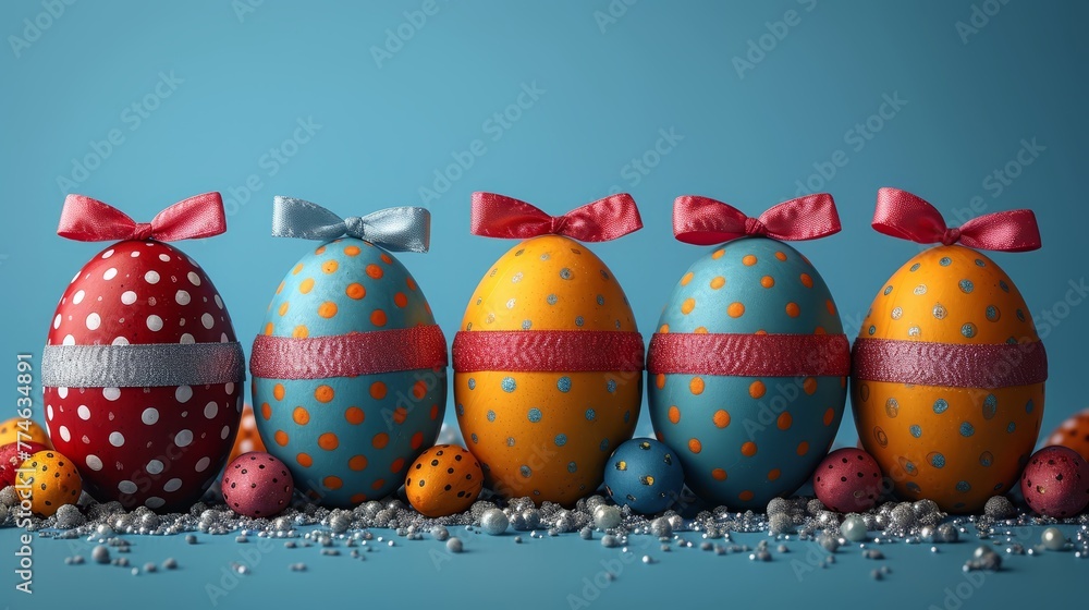   A row of painted eggs, each with a bow atop; another row of decorated eggs boasting polka dots