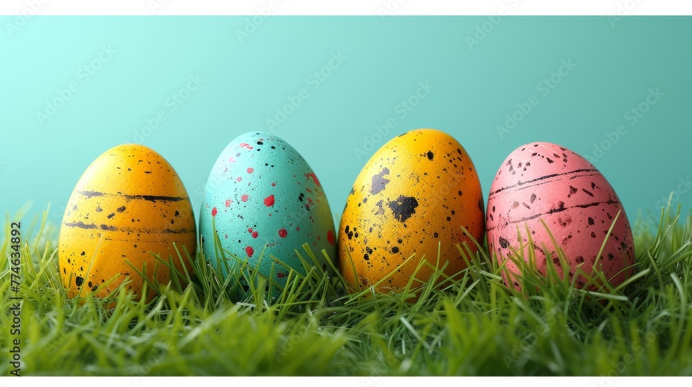   A row of brightly colored Easter eggs atop a verdant grass field against a backdrop of clear blue sky