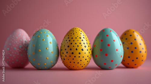   A row of painted eggs alignment on a pink table before a pink wall