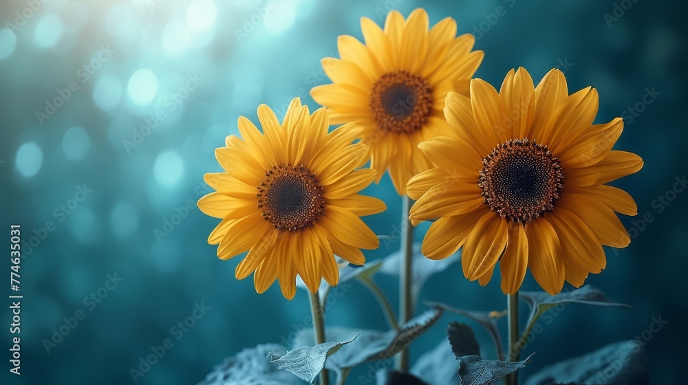 Three sunflowers, yellow against a blue vase, set against a blue-green background A bolt of light breaks through Three sunflowers, yellow against a blue vase, set against a blue-green background A bolt of light breaks through
