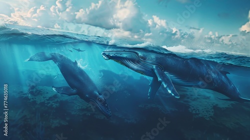 Whales come up to play on the surface of the sea. world ocean day world environment day Virtual image © Annawet boongurd