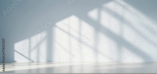 Beautiful original background with shadows on an empty wall  soft window light illuminating a bright wall. Website header with copy space. Generative AI