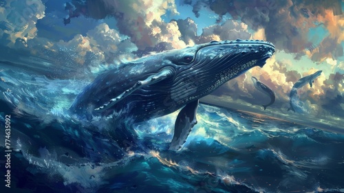 Whales come up to play on the surface of the sea. world ocean day world environment day Virtual image © Annawet boongurd
