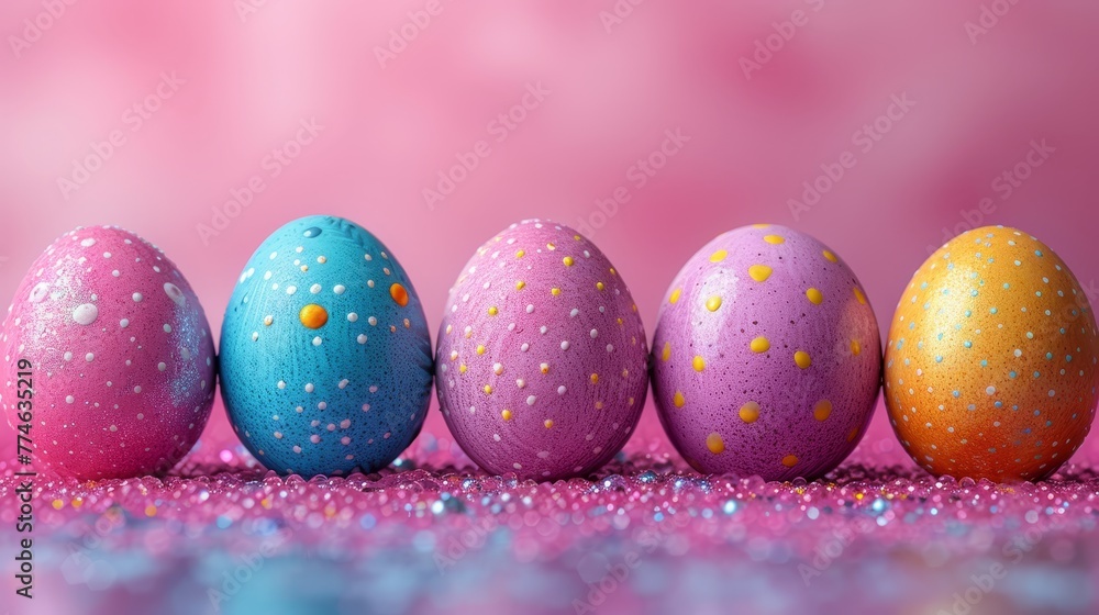   A pink tablecloth holds a row of colorful Easter eggs with surrounding glitter, set against a pink background