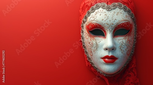   A mask with a woman's face centrally positioned, set against a solid red background ..Or, for a more descriptive version:. photo