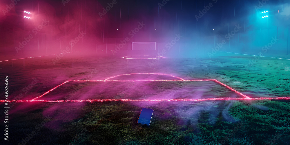 textured soccer game field with neon fog .  generative ai 